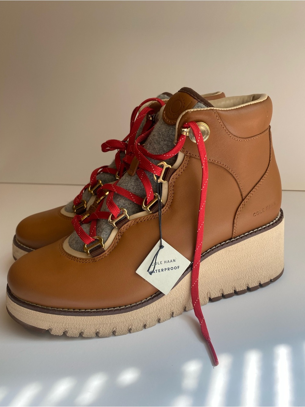 Cole Haan Tan Leather Wedge Hiker Boots with Red Laces